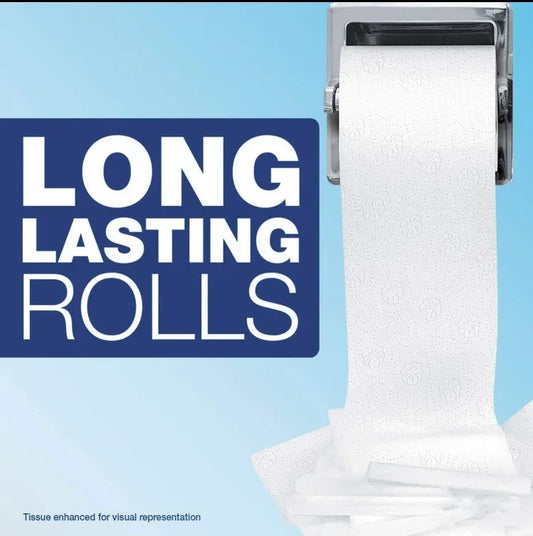 Long lasting tissue rolls hanging from chrome toilet paper holder on blue background