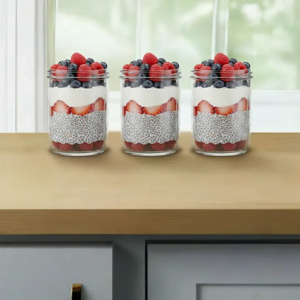 16 oz jars with mixed chia pudding