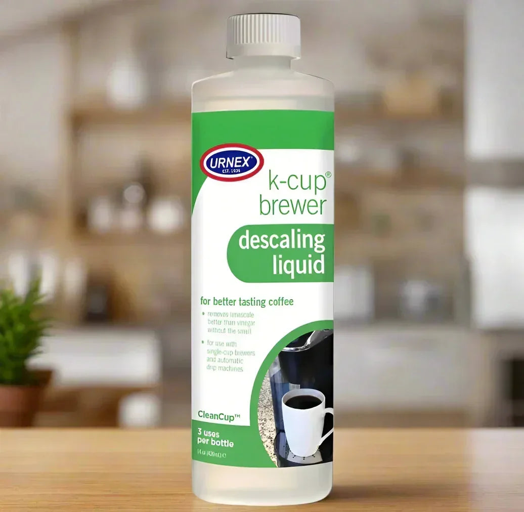 Urnex K-Cup Brewer descaling liquid bottle for removing limescale and cleaning coffee machines