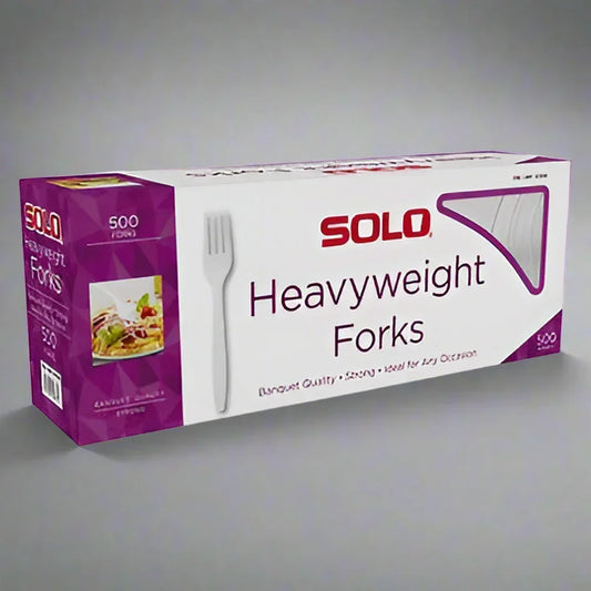 Box of SOLO heavyweight disposable white plastic forks, 500 count, premium quality for party use