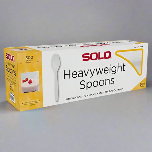 Box of Solo Heavyweight Plastic Spoons, 500 count, white disposable spoons for various uses