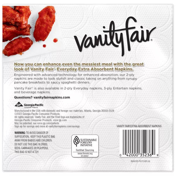 A close-up of a package of Vanity Fair Extra Absorbent Napkins, showcasing a large logo, product description, and an image of food. The product is from One Use Classic.