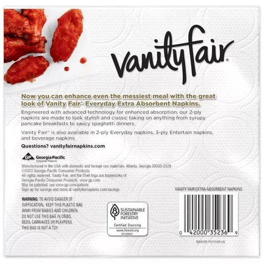 A close-up of a package of Vanity Fair Extra Absorbent Napkins, showcasing a large logo, product description, and an image of food. The product is from One Use Classic.