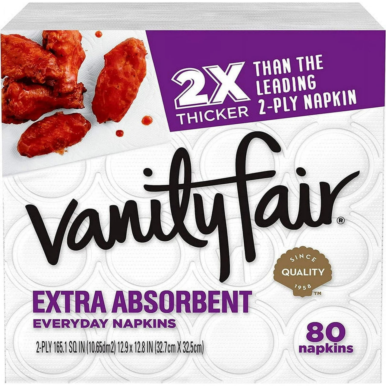 A package of Vanity Fair Extra Absorbent Everyday Napkins. The packaging is white and purple, with a picture of chicken wings and text that reads "2X THICKER THAN THE LEADING 2-PLY NAPKIN." The product is from One Use Classic.