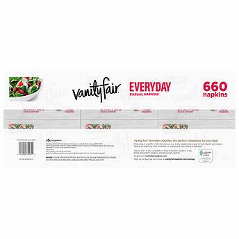 A package of Vanity Fair Everyday Casual Napkins, showing the back of the packaging with a barcode, product description, and the text "660 napkins." It is a product from One Use Classic.