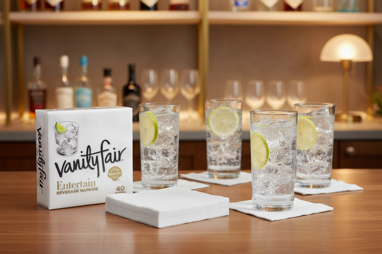 Stack of premium white beverage napkins on bar counter a for cocktails and drinks