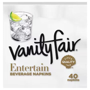A package of Vanity Fair Entertain Beverage Napkins, featuring a glass with ice and a lime wedge, and text indicating it contains 40 napkins. The product is from One Use Classic.