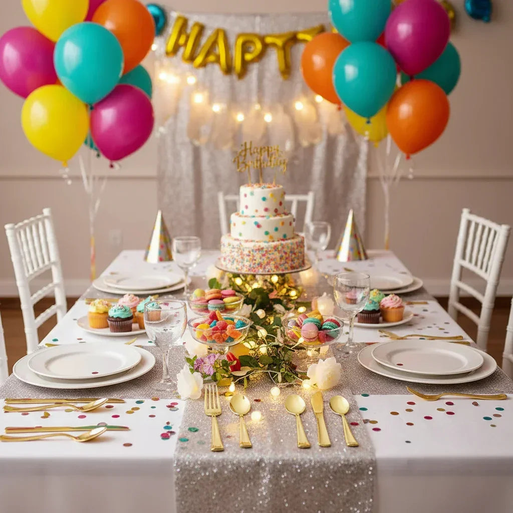 Birthday party table with gold flatware