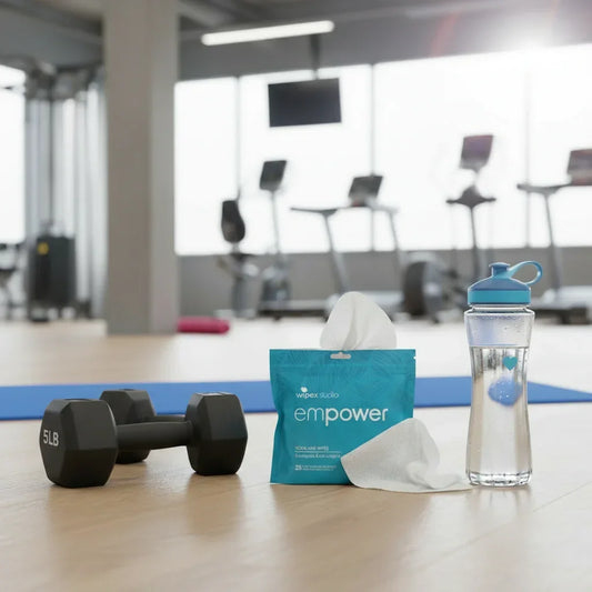 5LB dumbbell, wipex empower wipes, and water bottle on blue fitness mat in gym with cardio machines