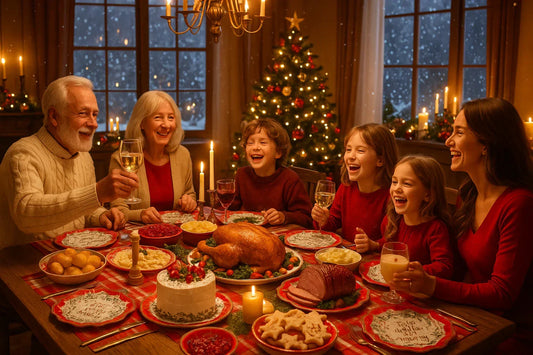 Bright Christmas Eve family dinner with festive feast