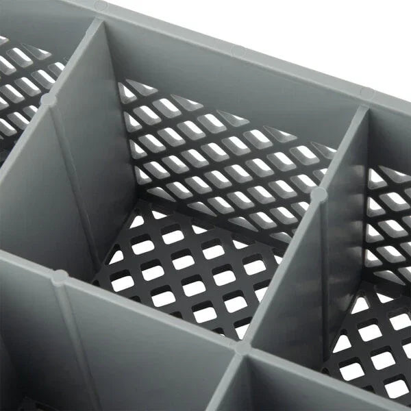 Close-up of gray plastic Cambro commercial dish rack with grid and divider compartments