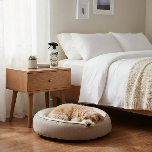 Cozy bedroom with white bedding, wooden nightstand holding cleaning spray, and dog resting on plush bed