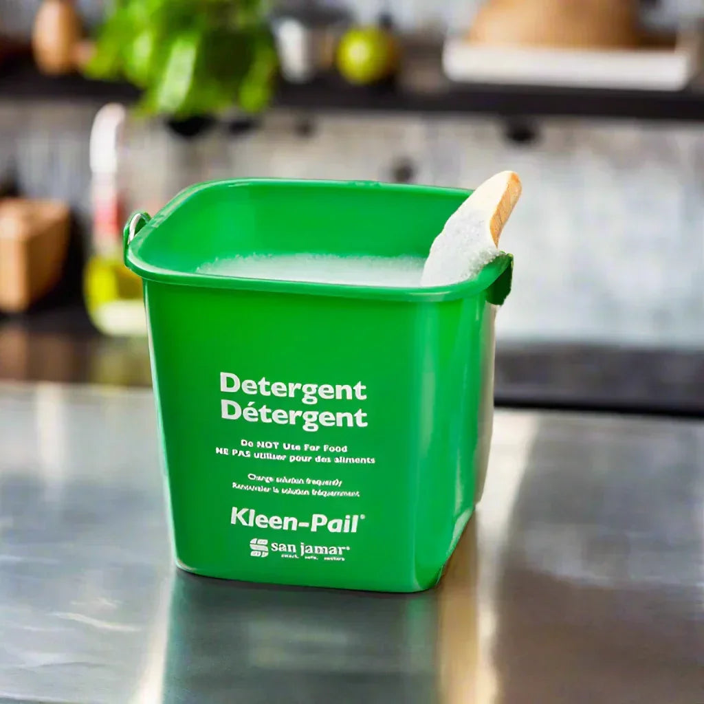 Green Kleen-Pail detergent bucket filled with soapy water and a sponge on its edge on a kitchen counter