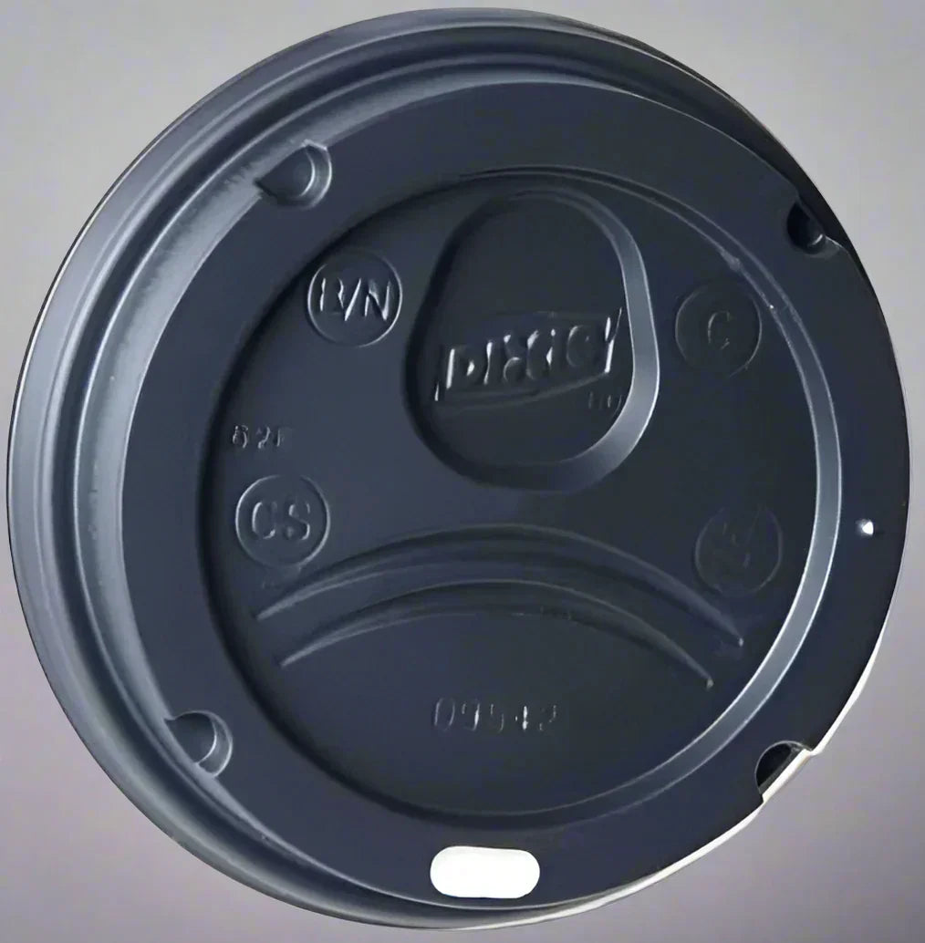 Black disposable plastic coffee cup lid with dixie branding and ventilation holes