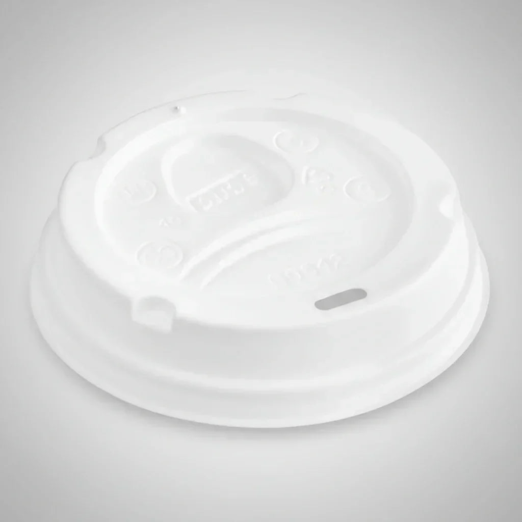 White disposable Dixie coffee cup lid with drink opening, classic design on gray background