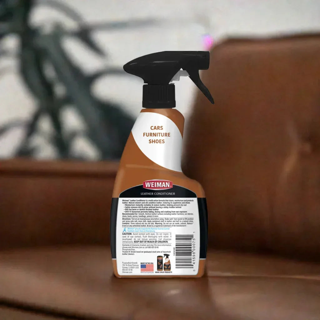 A bottle of Weiman Leather Conditioner, with text on the label indicating it is for "CARS, FURNITURE, SHOES." The product is from One Use Classic.