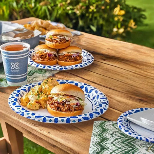 Disposable blue patterned paper plates with pulled pork sandwiches and sides on a wooden outdoor table