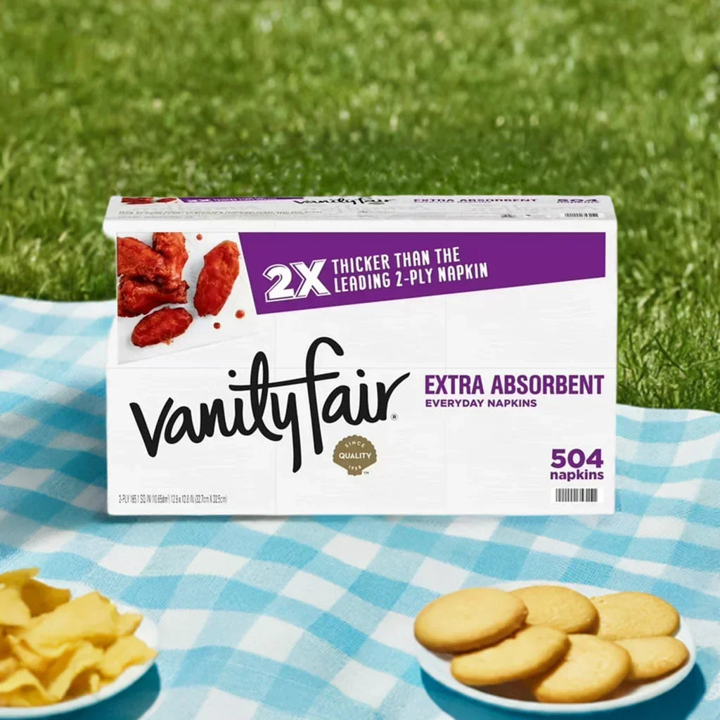 Vanity Fair OneUse Classic Extra Absorbent Everyday Napkins 504 count pack on picnic blanket with chips and cookies