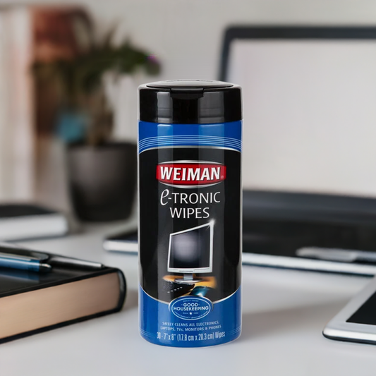 A canister of Weiman E-Tronic Wipes, with a label featuring the brand name, a monitor icon, and the claim "SAFELY CLEANS ALL ELECTRONICS." It is a product from One Use Classic.