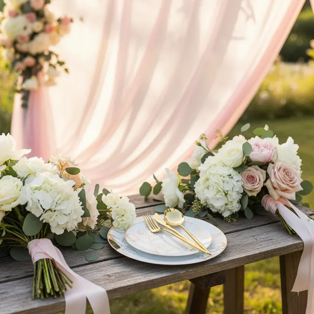 Elegant outdoor table setting with gold cutlery, floral plates, and white and pink bridal bouquets