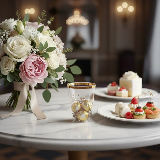 Elegant bouquet with pink and white flowers on a marble table next to gold-trimmed disposable cup and assorted desserts