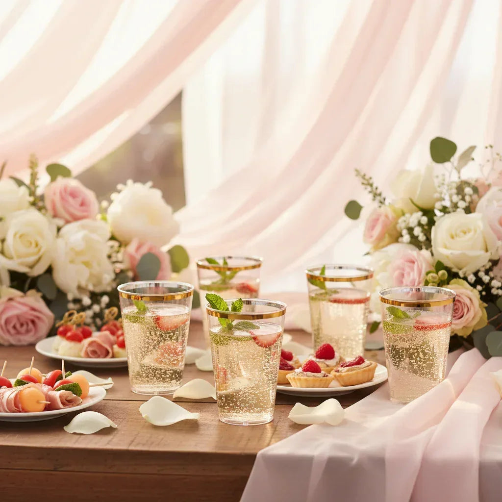 10oz Clear Gold Rim Tumblers by Oneuse Classic showcased on a luxury event table. The premium gold-trimmed plastic cups are filled with sparkling drinks, fresh strawberries, and mint. Elegant tablescape with floral bouquets and appetizers, highlighting the glass-like quality and sophisticated design for weddings and parties.