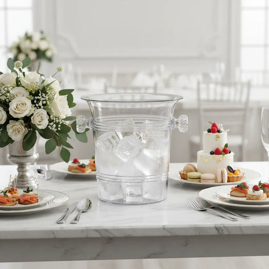 Clear glass ice bucket with ice cubes on marble table with white floral arrangement and elegant desserts