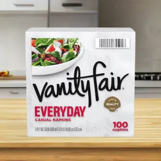 A package of Vanity Fair Everyday Casual Napkins, with "100 napkins" written on the front and a picture of a salad. The product is from One Use Classic.