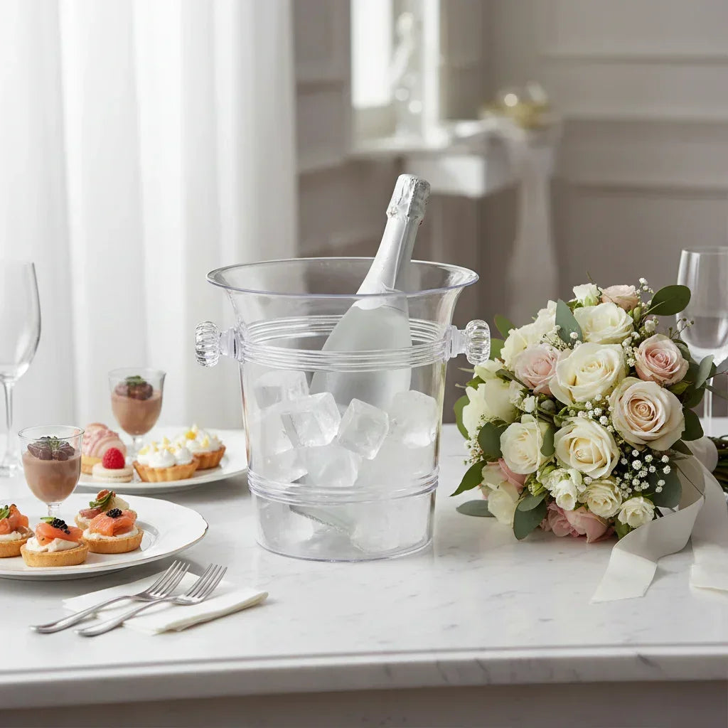 Clear ice bucket with bottle of chilled champagne on marble table with desserts and floral bouquet
