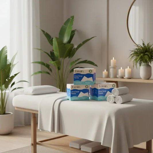 Clean facial towels in boxed packaging on massage table with rolled towels and candles in spa setting