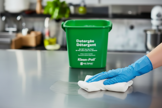 Gloved hand wiping commercial kitchen counter