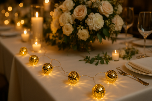 Gold disco ball lights at wedding