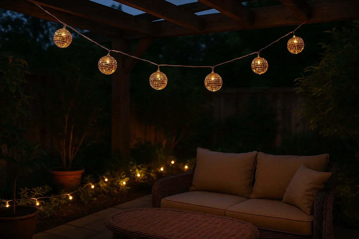 Gold disco ball string lights on a patio