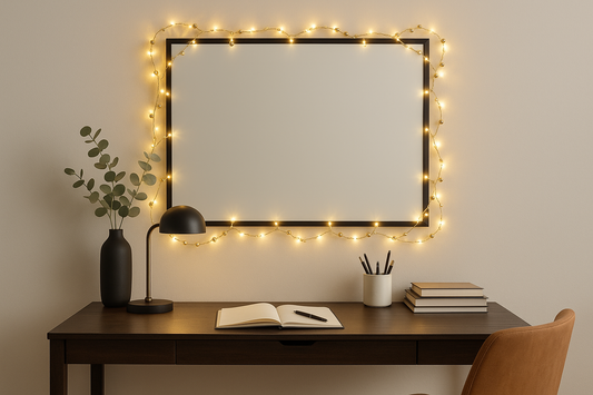 Gold lights framing wall decor