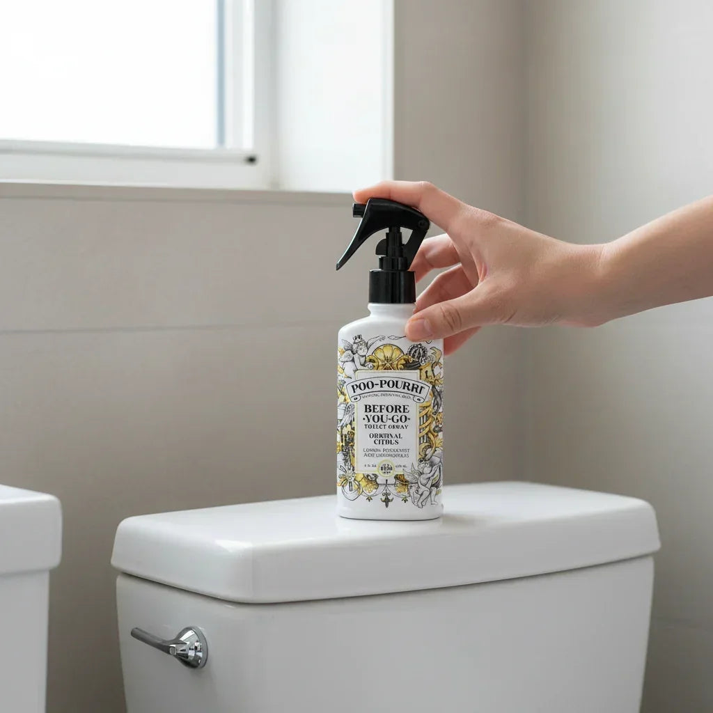 Hand holding a Poo-Pourri Before You Go toilet spray on a white toilet tank in a bright bathroom