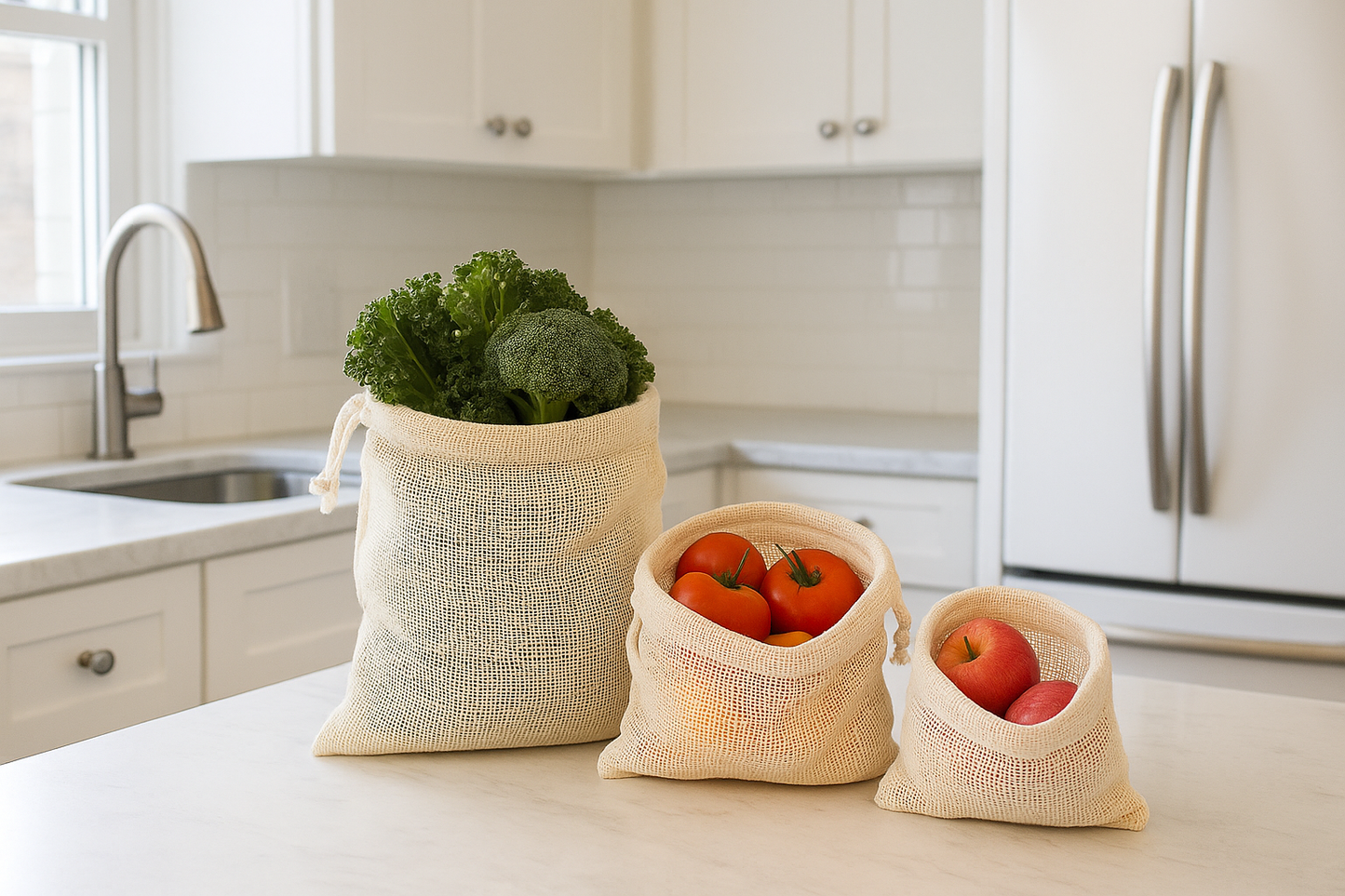 Kitchen scene with three sizes of mesh produce bags