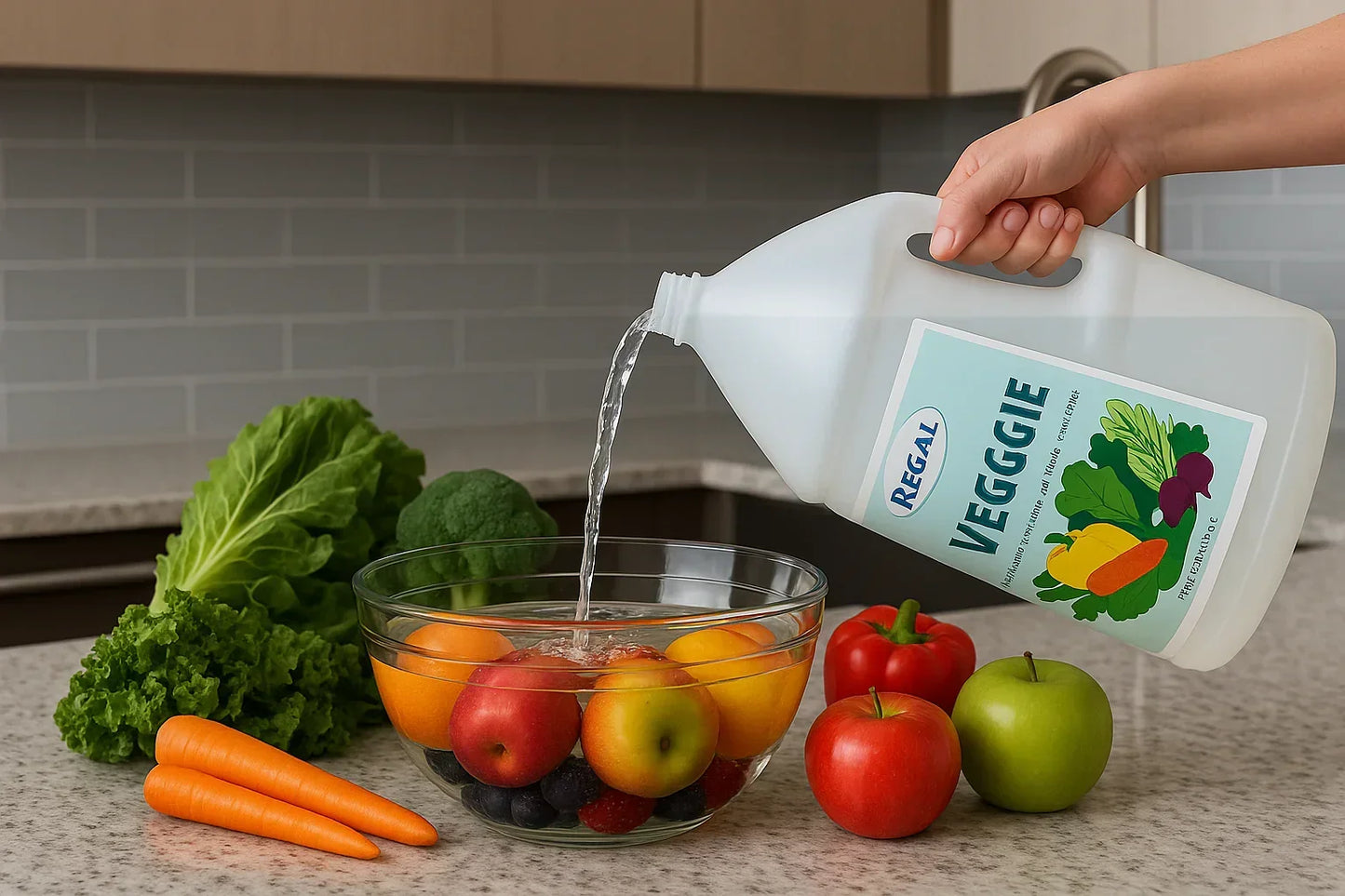 Kitchen scene with veggie wash bottle pouring into large glass bowl