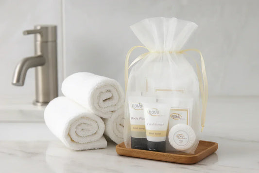 Modern bathroom scene with hotel amenity kit