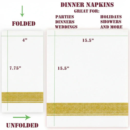 Dinner napkins dimensions showing folded size 4x7.75 inches and unfolded size 15.5x15.5 inches, good for parties and weddings