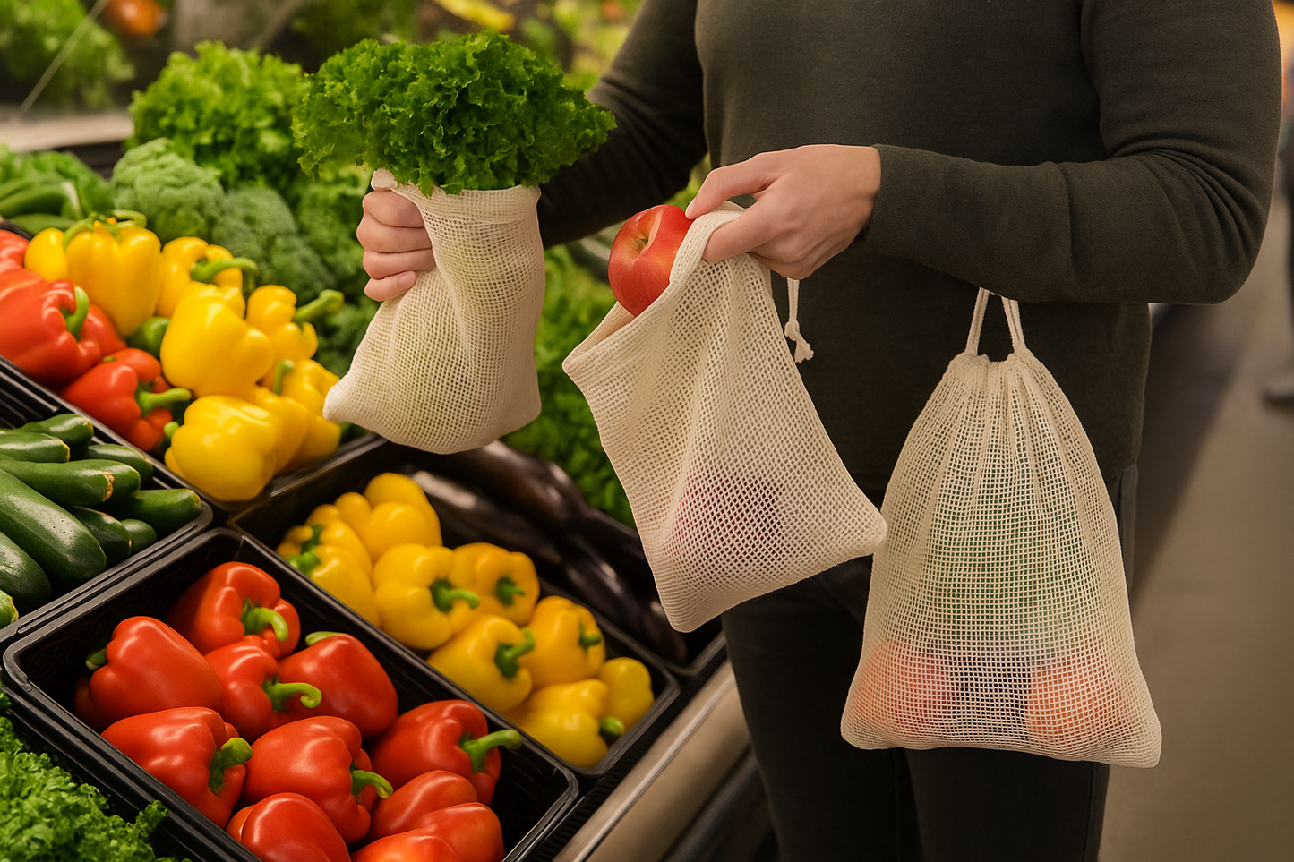 Person using secure mesh produce bags that contain all produce