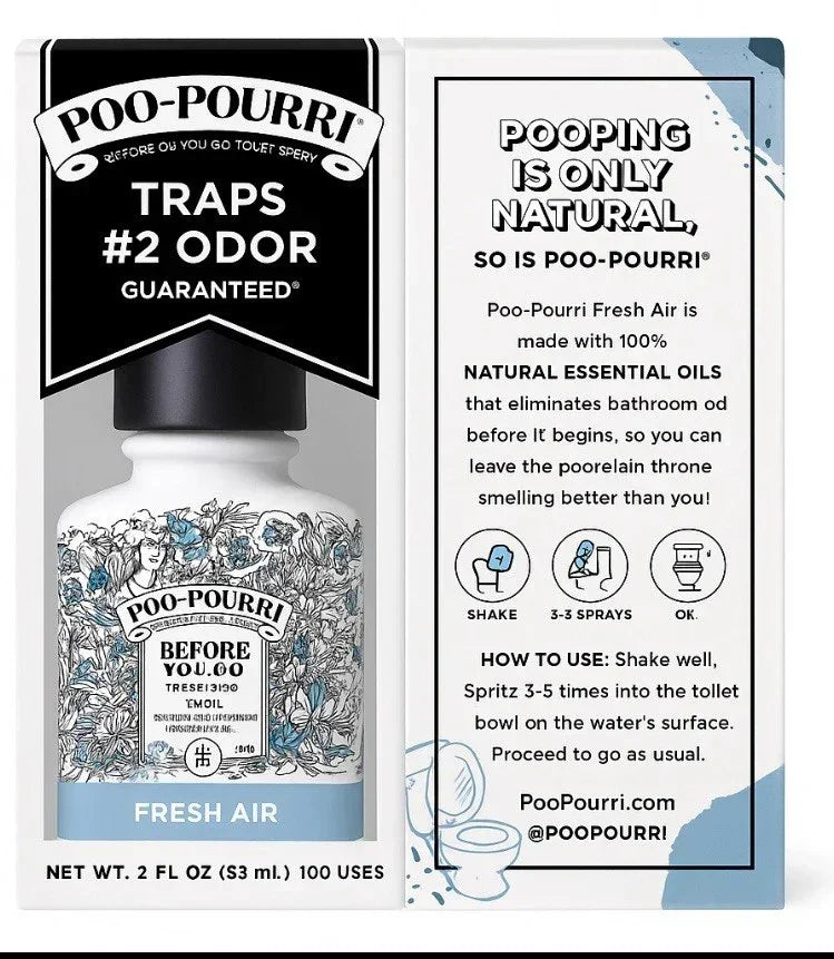 Poo-Pourri Fresh Air spray packaging with natural essential oils for odor control, instructions included