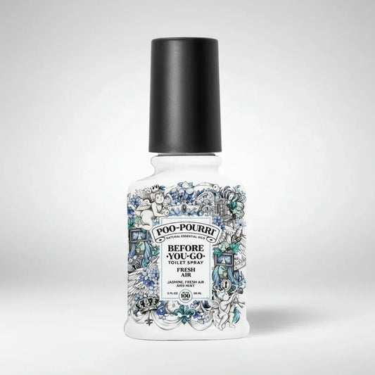 Poo-Pourri Before You Go toilet spray bottle with floral and cherub design, jasmine fresh air scent