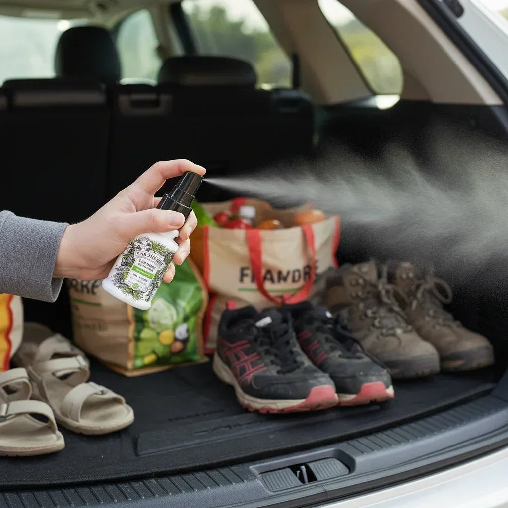 Hand spraying refreshing deodorizing spray on sports shoes, sandals, and boots in car trunk with grocery bags