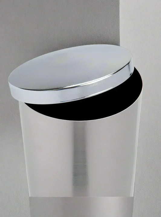San Jamar stainless steel trash receptacle with open round lid against gray background