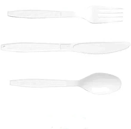 Disposable white plastic fork, knife, and spoon set for single-use dining