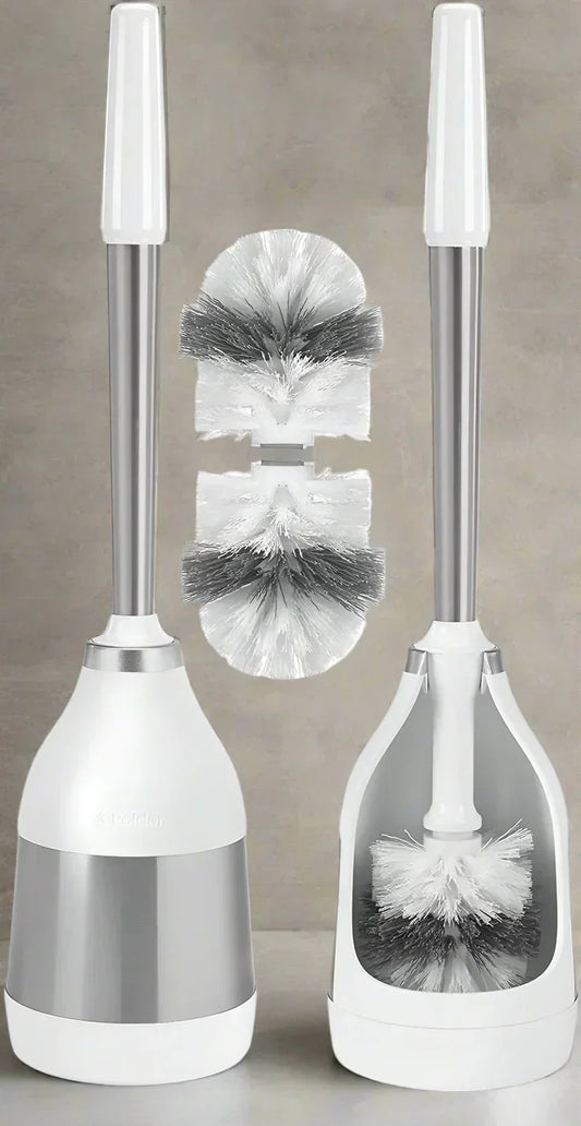 White and silver modern toilet brush with matching holder and detachable brush head, studio background