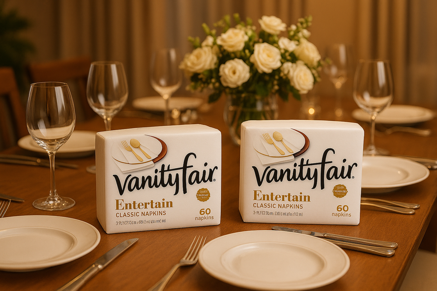 Two packs of Vanity Fair napkins on elegantly set table with wine glasses and flowers