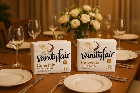 Two packs of Vanity Fair Entertain classic napkins on a wooden table set with white plates, cutlery, wine glasses, and a floral centerpiece