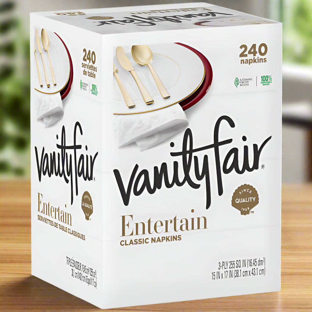 A package of Vanity Fair Everyday Casual Napkins, which is a product from One Use Classic. The package is white with the brand logo in black, and it indicates there are 200 napkins inside.