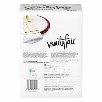 Vanity Fair disposable paper plates box with gold cutlery and white napkin, eco-friendly tableware packaging